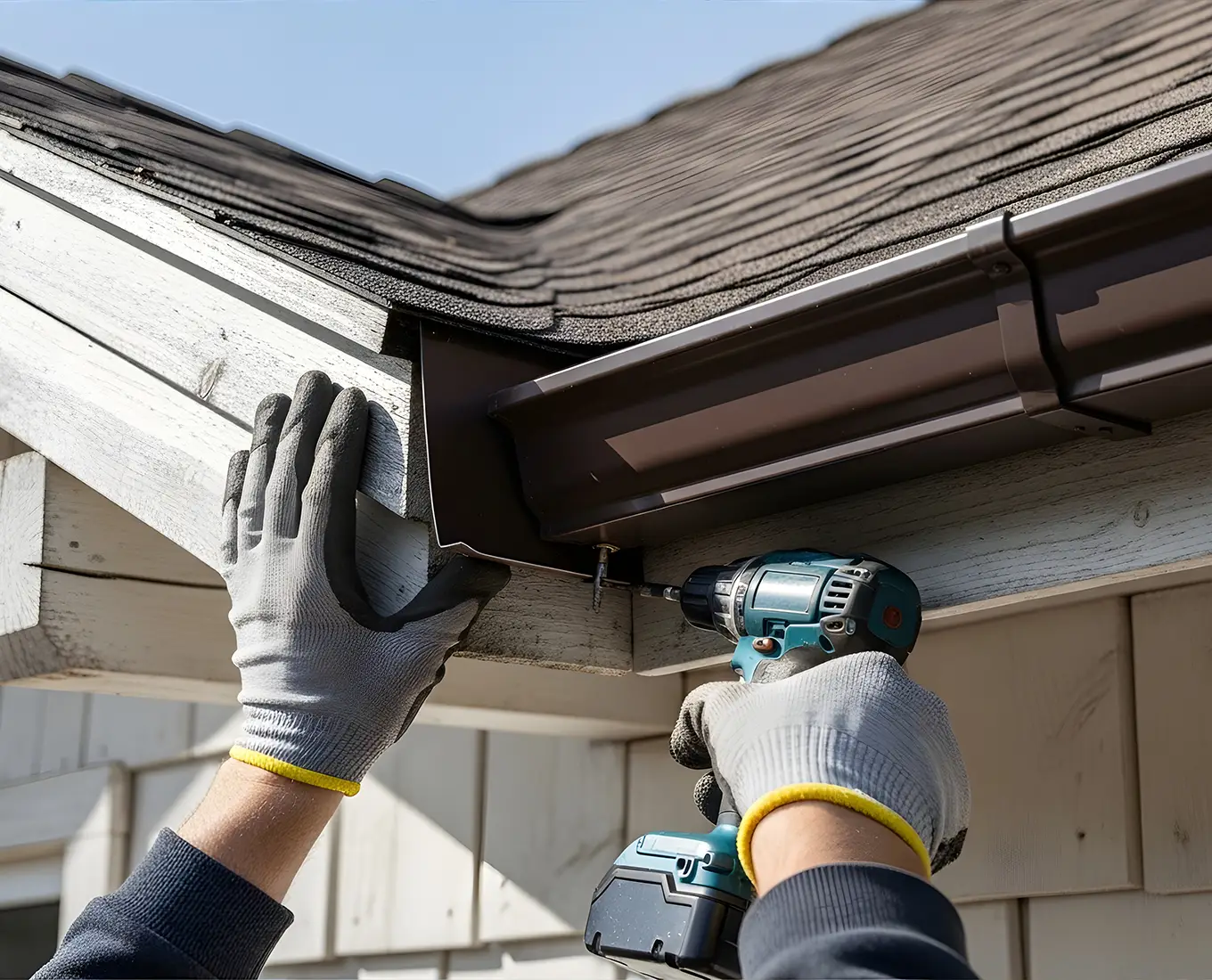 worker installing a gutter on a house roof in st louis mo