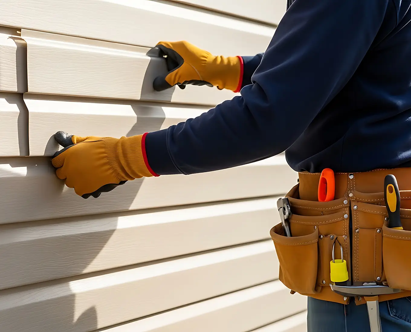 Worker installing beige vinyl siding panels on exterior residential home wall st louis mo