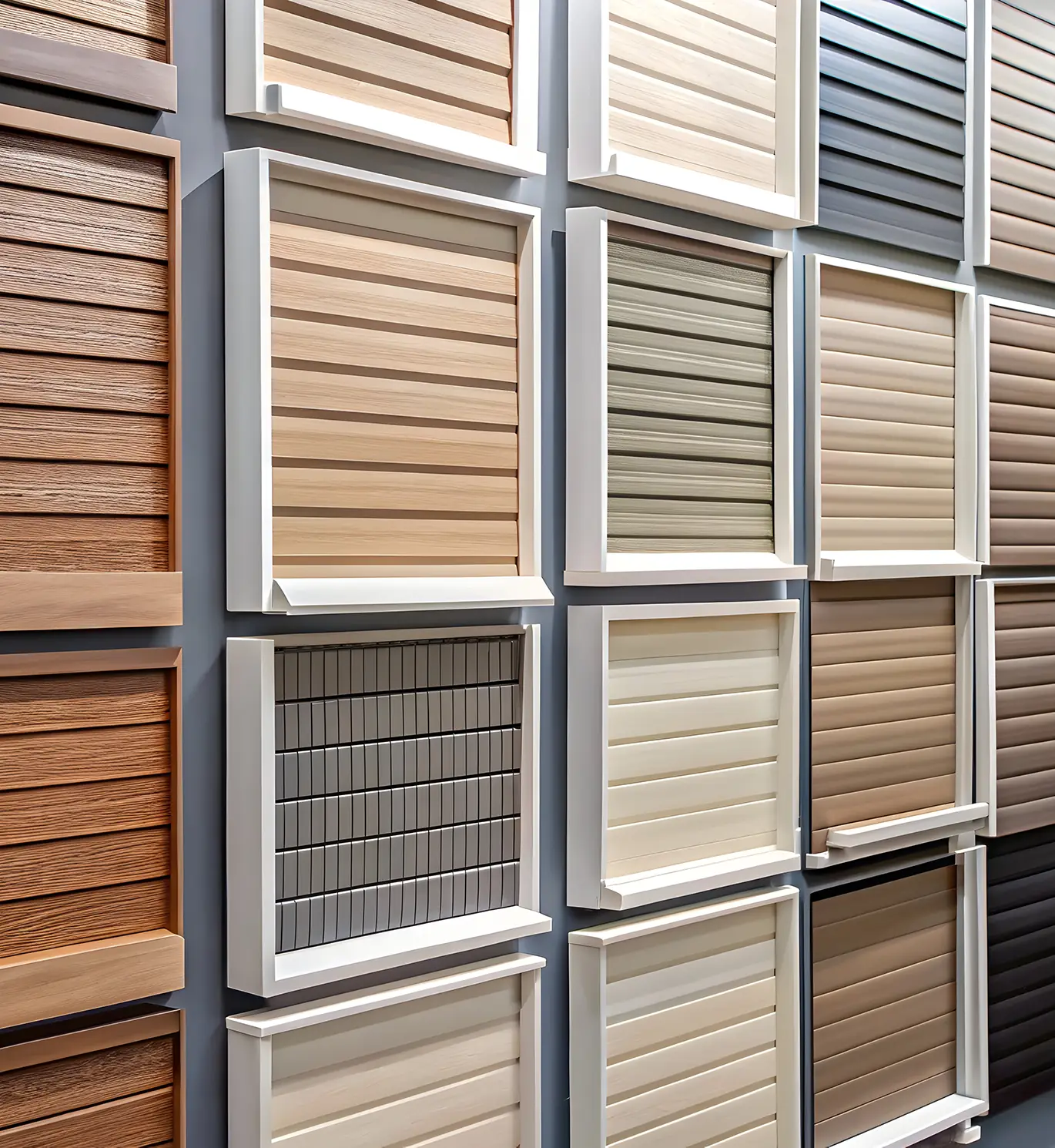 Vinyl siding samples displayed for choosing wall facing options, vinyl, siding, samples, options, variety, colors - st louis mo