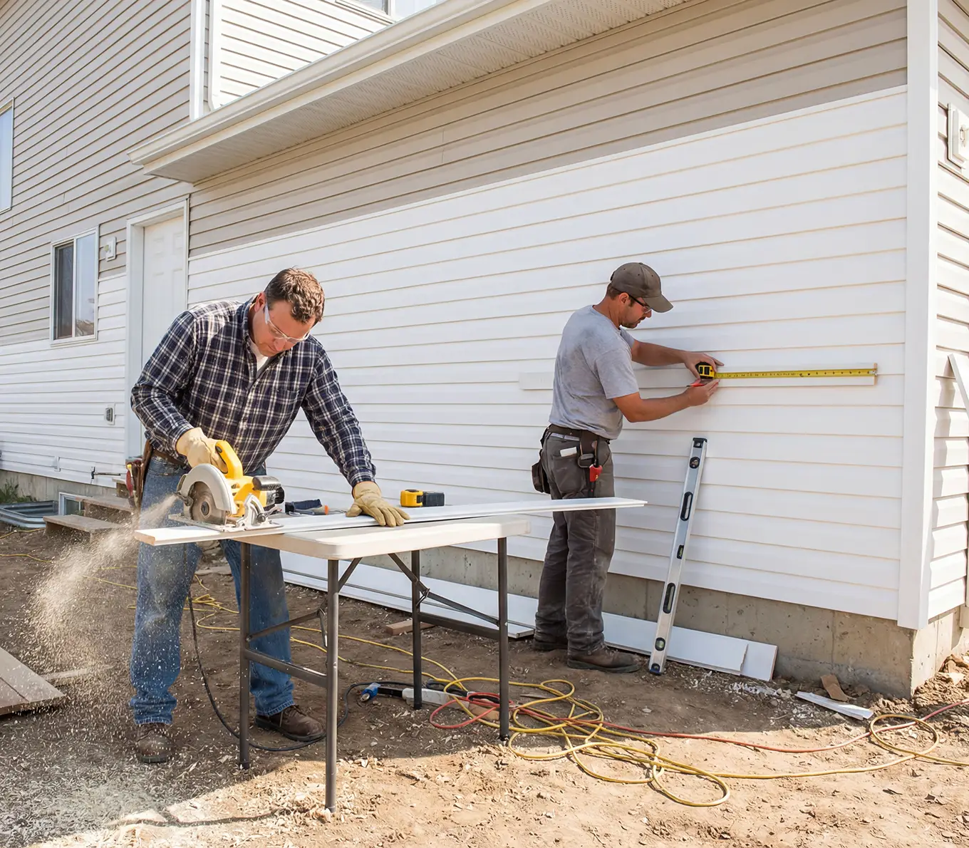 Construction workers installing vinyl siding on residential house exterior in st louis mo