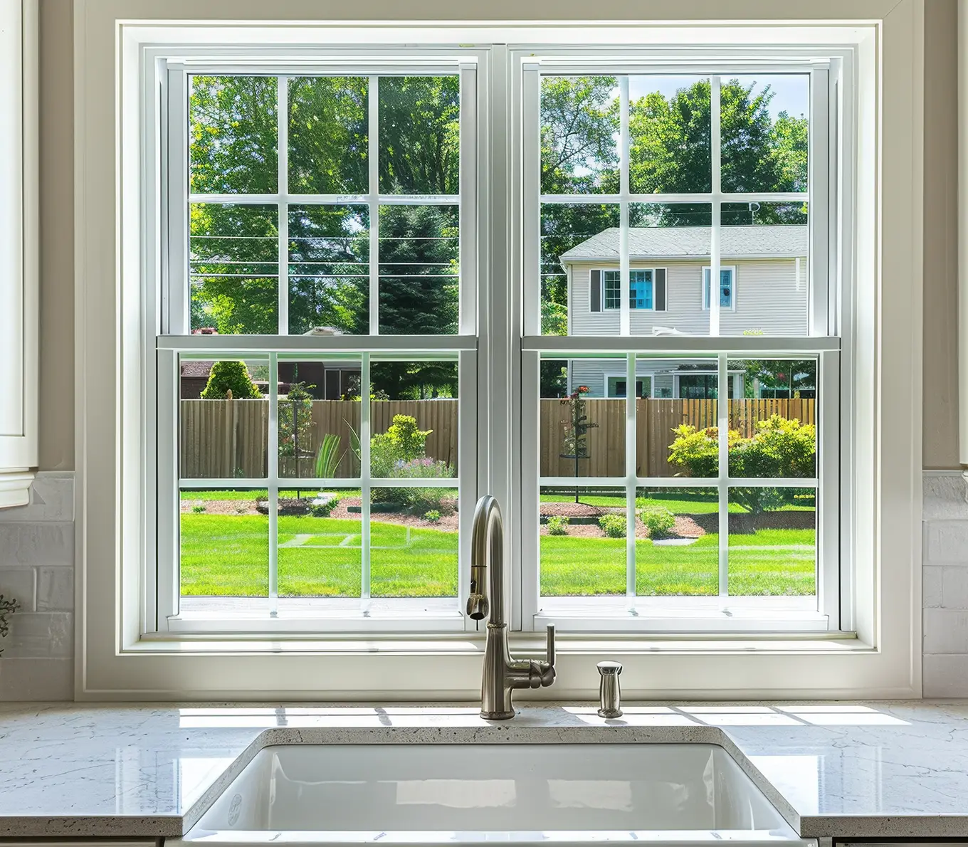 kitchen with white double-hung vinyl windows in st louis mo
