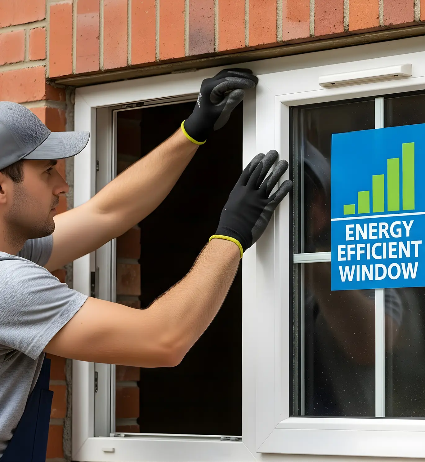 installer is fitting new energy efficient window into brick wall of home in st louis mo