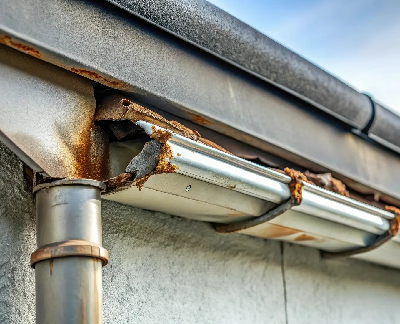 corroded metal gutter system requiring urgent repair and replacement due to extensive rust damage and structural deterioration - st louis mo