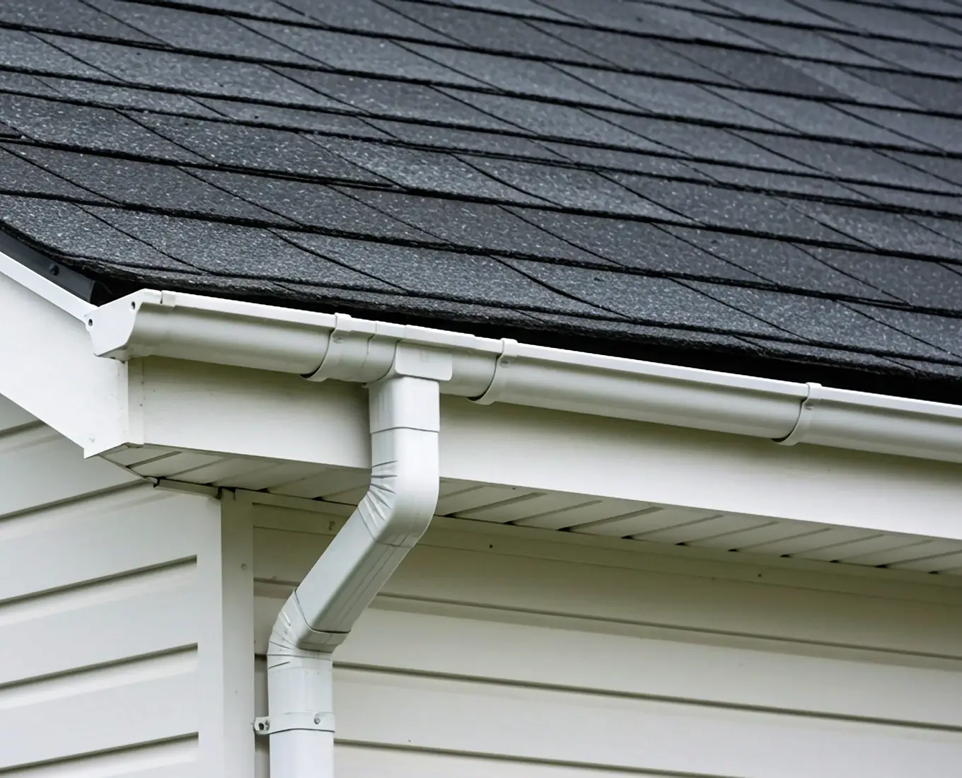 seamless aluminum rain gutter on white house with dark roof in st louis mo
