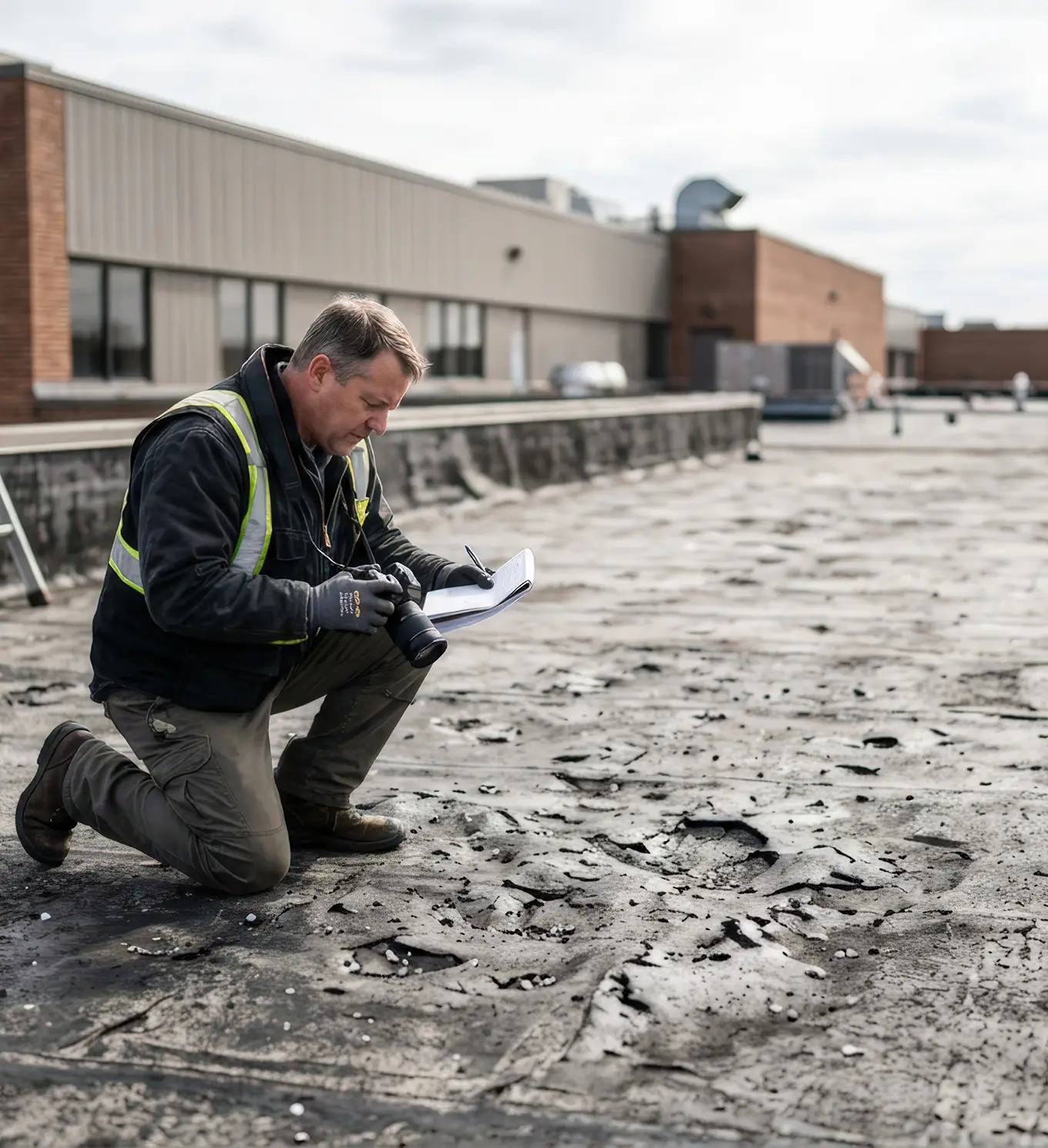 adjuster assessing hail damage on a flat commercial roof in st louis mo