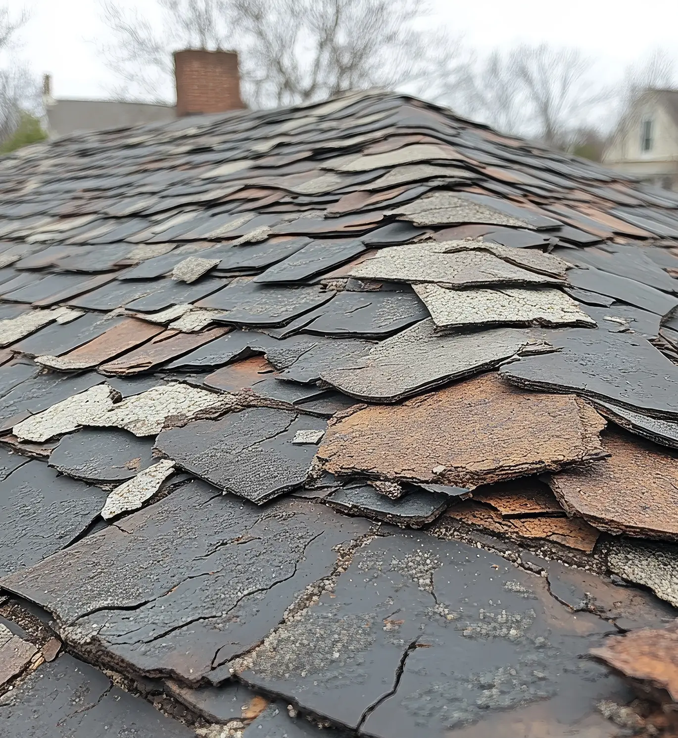 Aging shingle roof after years of exposure and accentuating the wear, cracked and discolored shingles - st louis mo