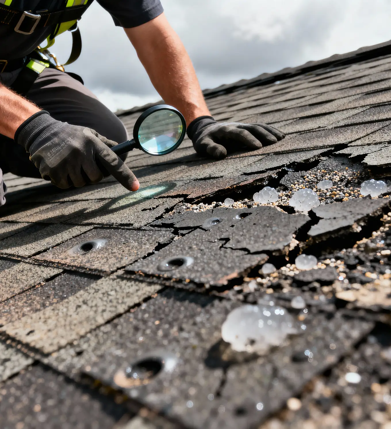 technician inspecting hail damage on a residential roof highlighting dents and cracks caused by severe weather in st louis mo