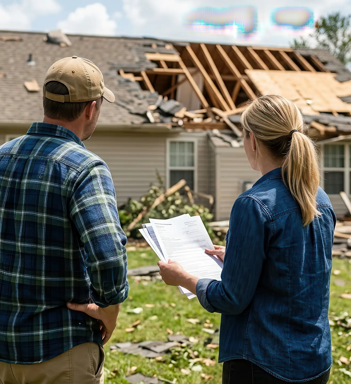 Insurance agent assesses damaged house roof with homeowner after a storm in st louis mo