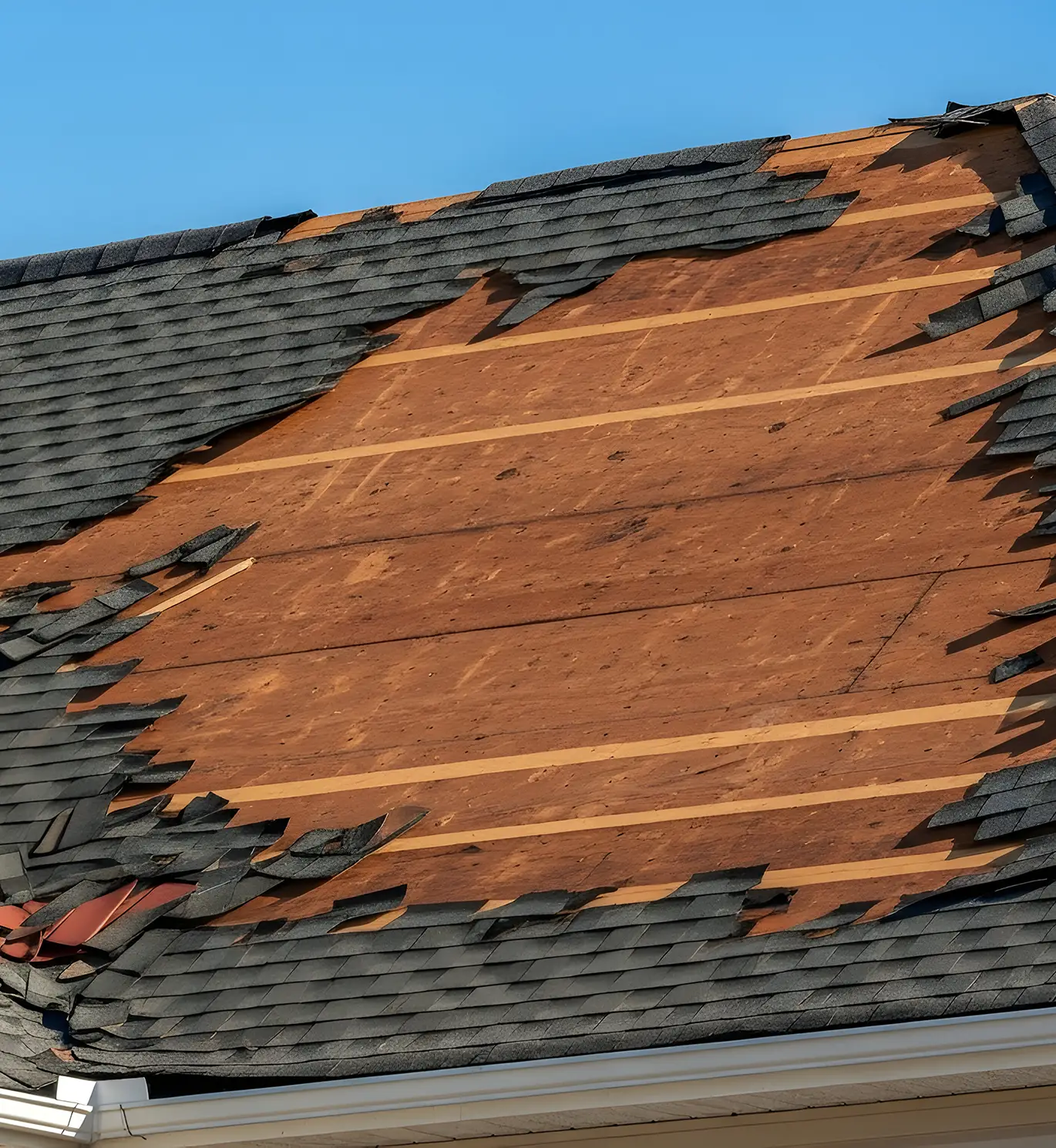Severe Storm Damage with Missing Shingles and Exposed Plywood chesterfield mo