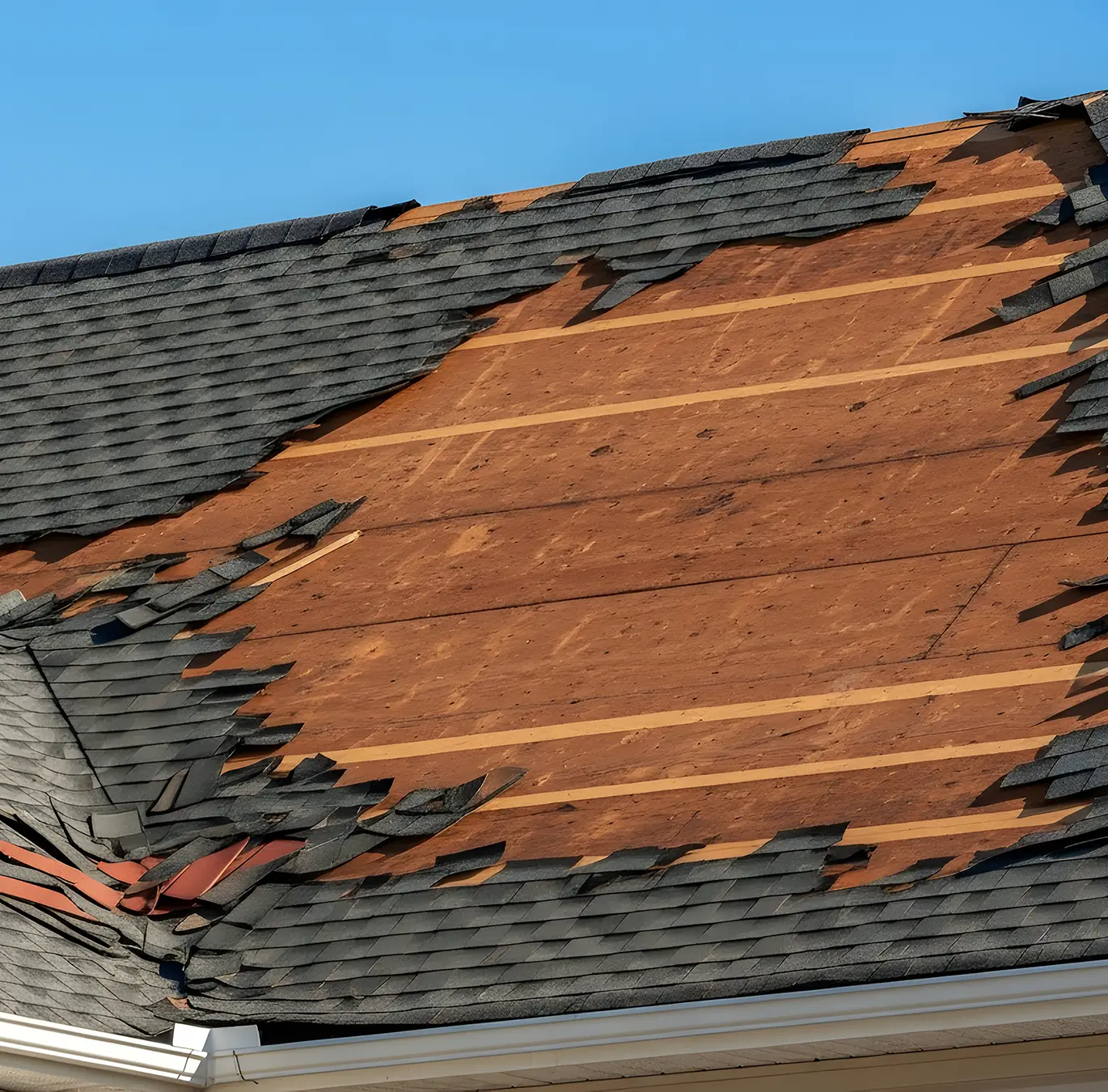 Severe Storm Damage with Missing Shingles and Exposed Plywood creve coeur mo