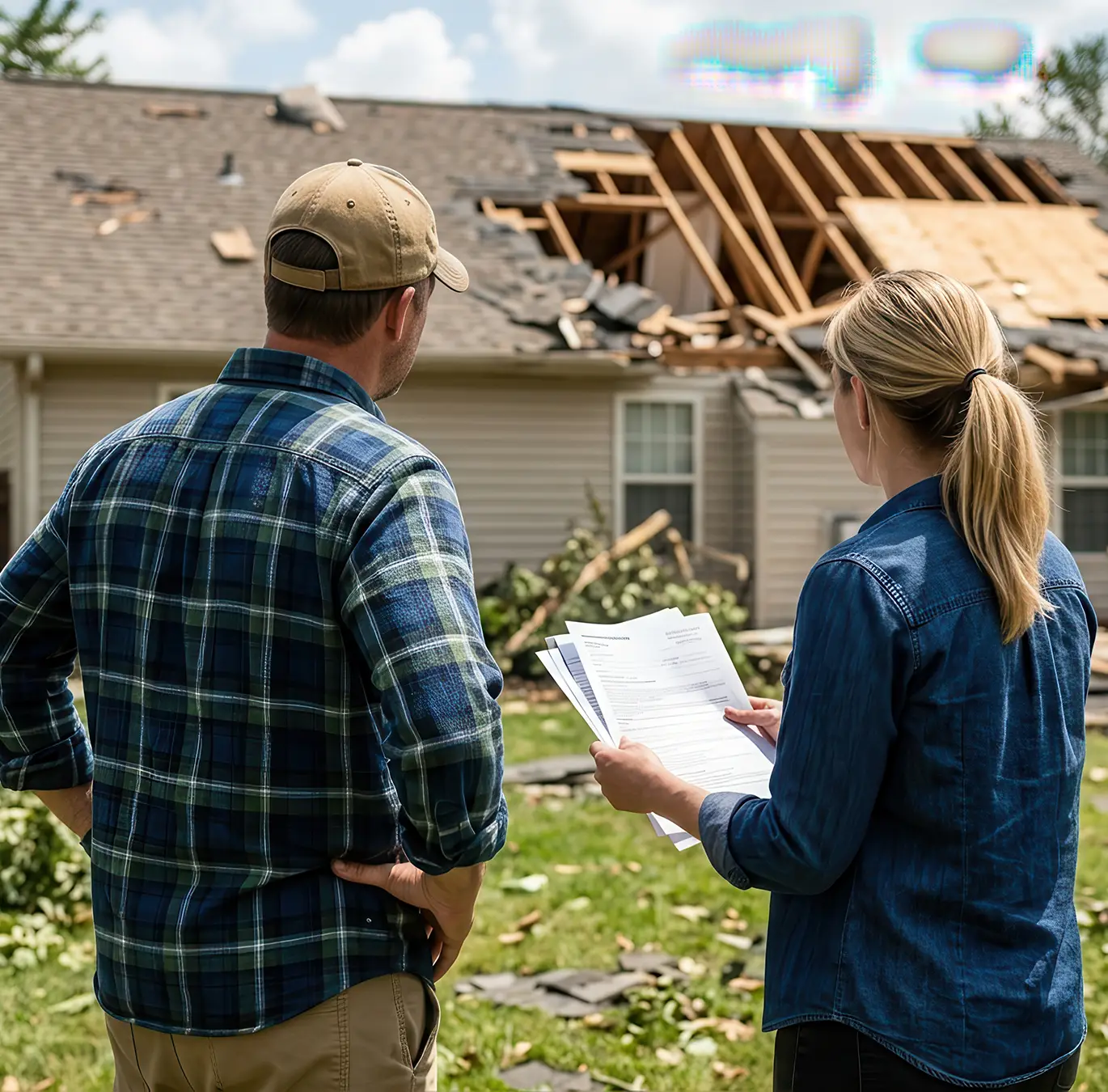 Insurance agent assesses damaged house roof with homeowner after a storm creve coeur mo