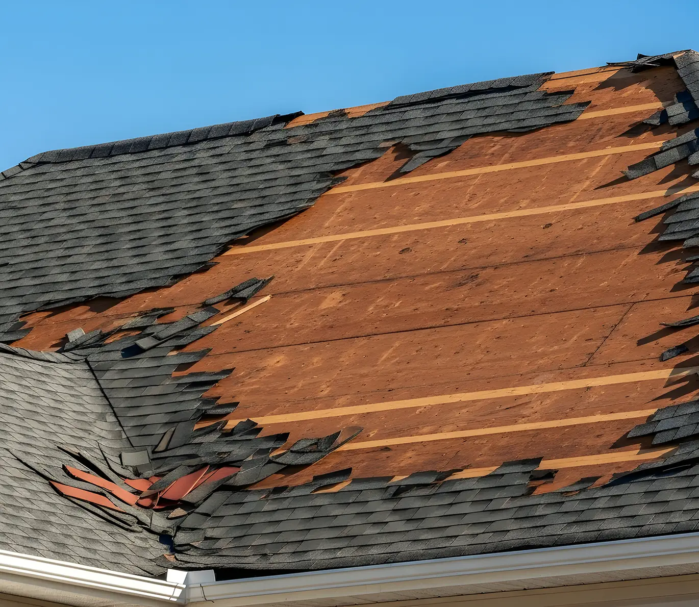 Severe Storm Damage with Missing Shingles and Exposed Plywood ladue mo