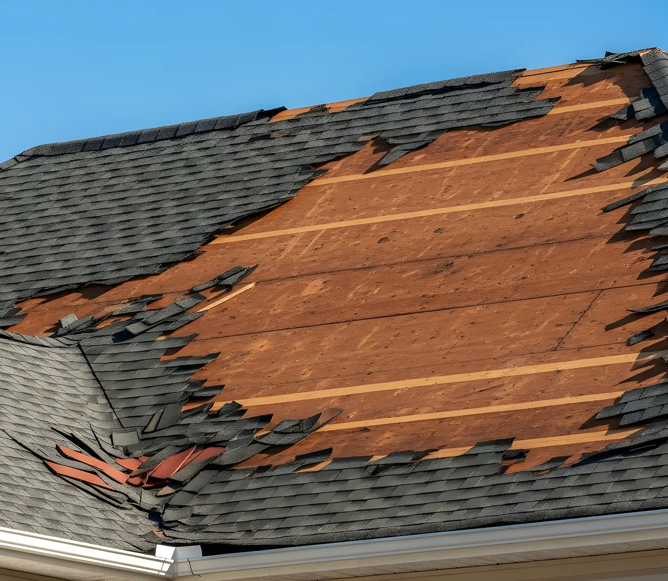 Severe Storm Damage with Missing Shingles and Exposed Plywood st louis mo