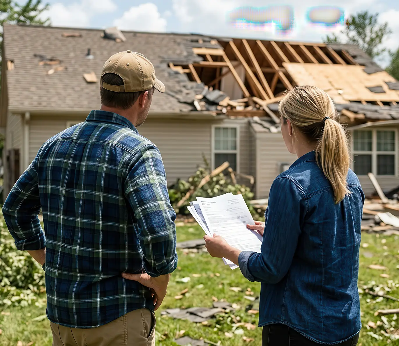 Insurance agent assesses damaged house roof with homeowner after a storm st louis mo