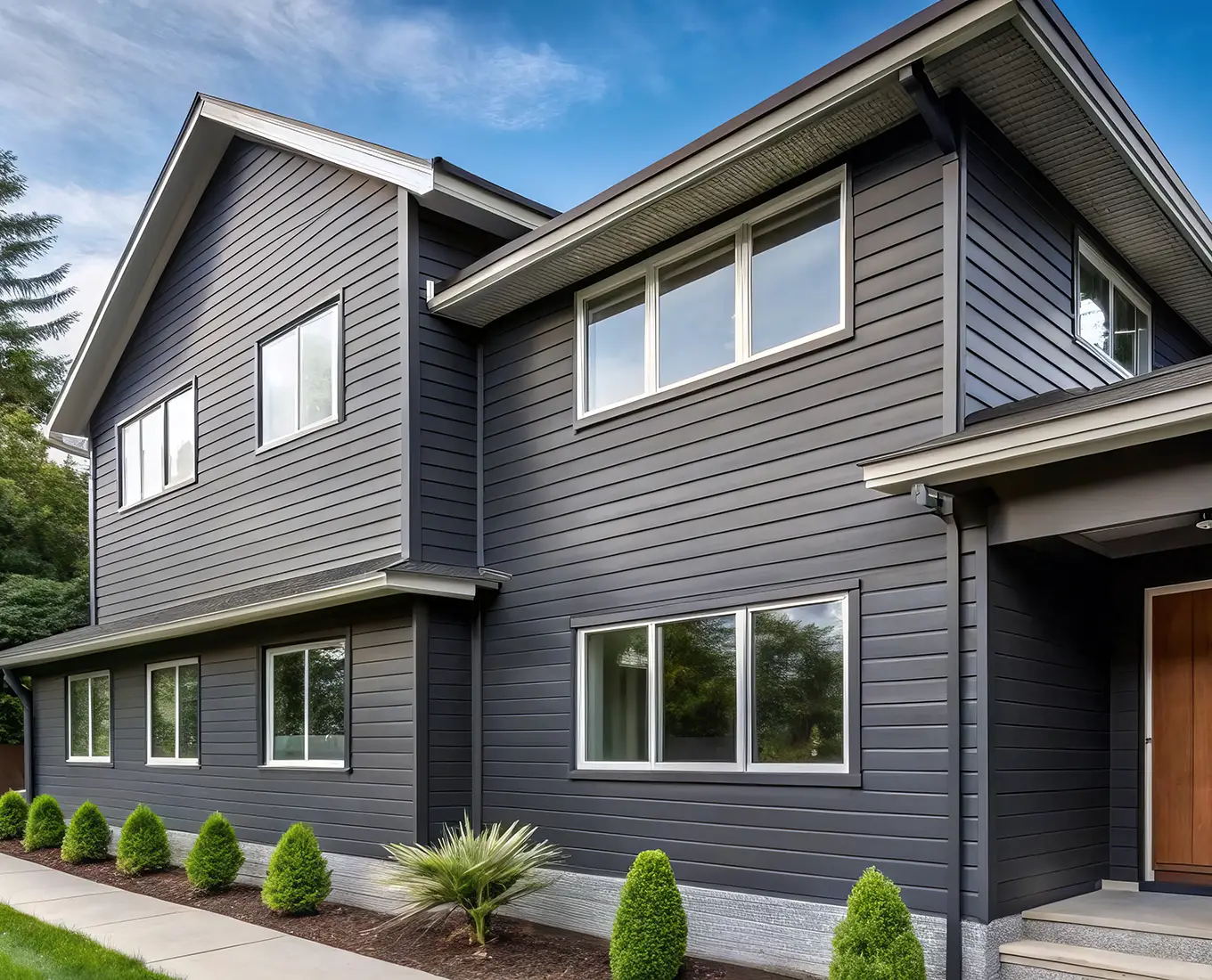 Dark gray textured vinyl siding panels create a sophisticated exterior makeover for a modern home in st louis mo